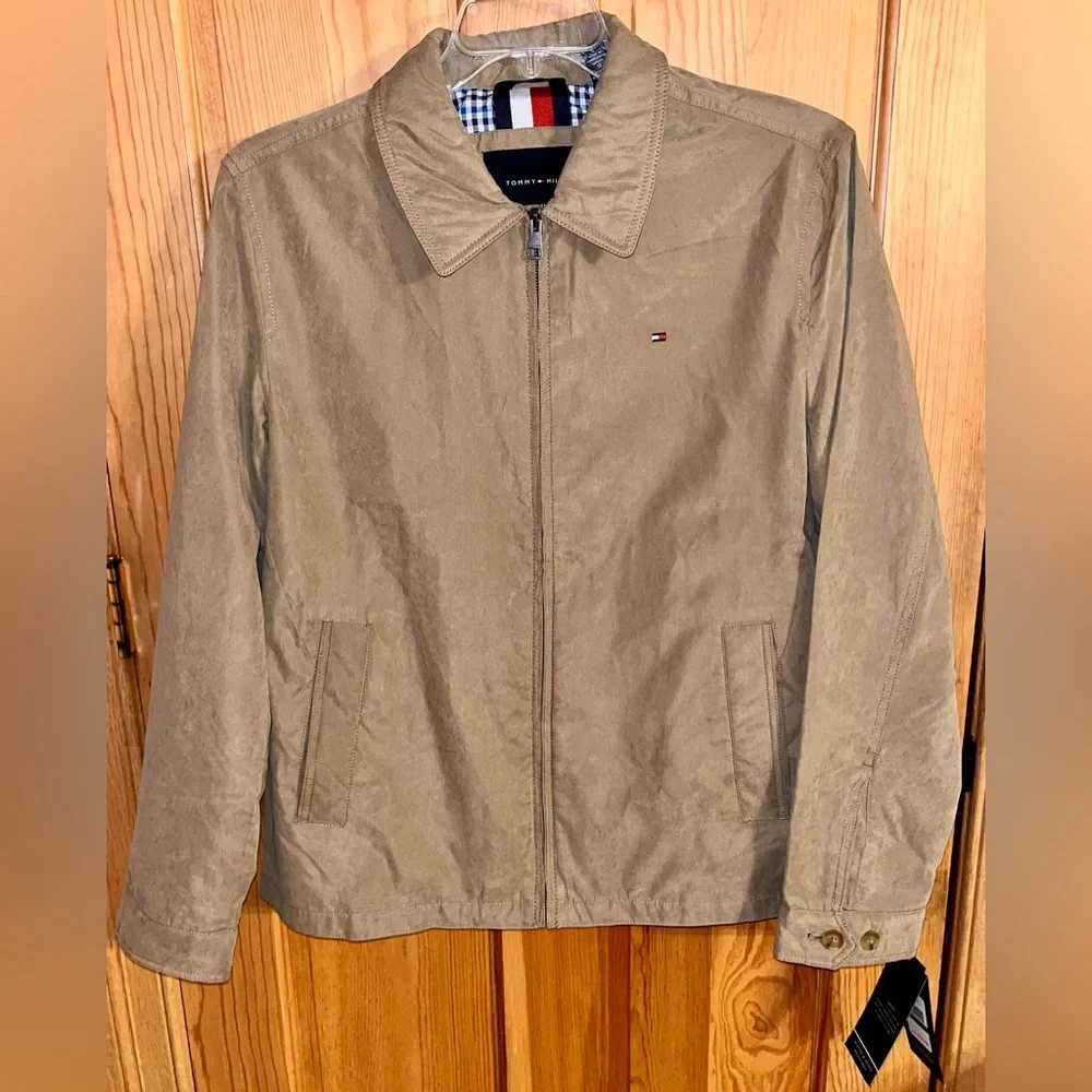 NWT Tommy Hilfiger Mens Khaki Micro Twill Jacket L Gingham Lined Harrington Coat